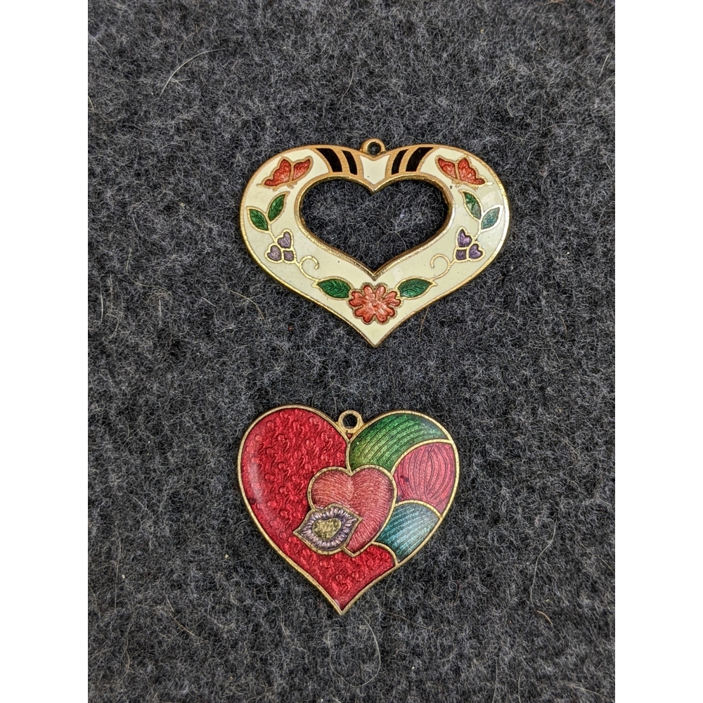 2 vintage heart pendants cloisonne